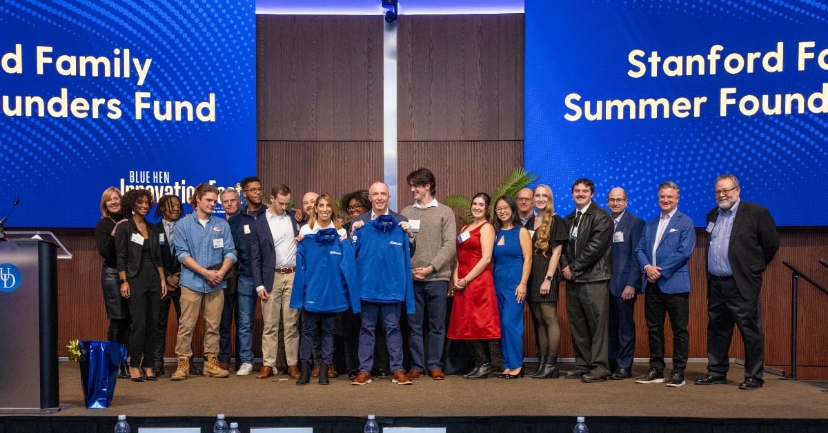 Tom and Ronnie Stanford, pictured with Summer Founders alumni, are gifting $1.15 million to UD’s Horn Entrepreneurship in support of the Summer Founders program.